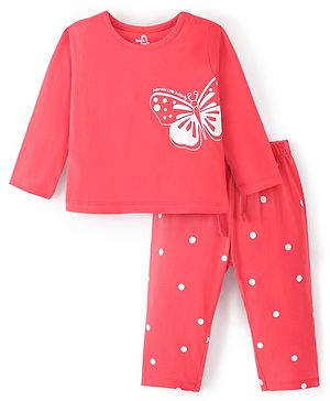 Doodle Poodle 100% Cotton Full Sleeves Butterfly Printed Night Suit - Red