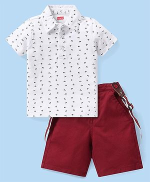 Babyhug Cotton Woven Half Sleeves Polo T-Shirt & Shorts Set with Suspender Anchor Print - Maroon & White