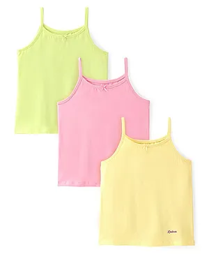 Pine Kids Cotton Spandex Knit Sleeveless Solid Colour with Bow Applique   Slips Pack of 3 - Yellow Green & Pink