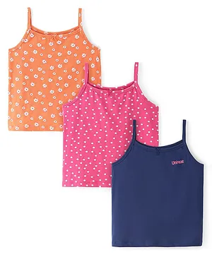 Pine Kids Cotton Spandex Sleeveless Slip With Floral & Star Print Pack Of 3 - Orange Pink & Blue
