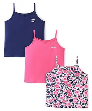 Pine Kids Cotton Spandex Knit Sleeveless Solid & Floral Print  Slips with Bow Applique Pack of 3 - Blue White & Pink