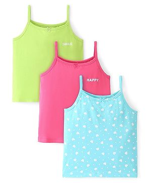 Pine Kids Cotton Lycra Sleeveless Heart Printed Inner Slips Pack of 3 - Pink Turquoise & Green