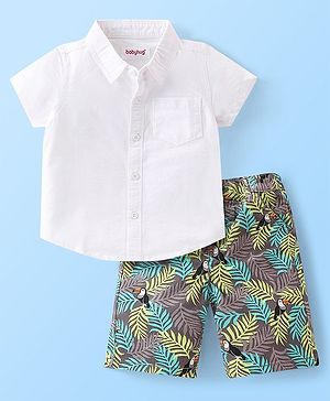 Babyhug 100% Cotton Woven Half Sleeves Shirt & Shorts Set Tropical Theme - White & Green