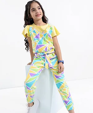 Ollington St. 100% Cotton Knit Abstract Printed Dungaree with Half Sleeves Top - Yellow & Multicolor