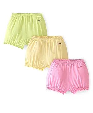 Pine Kids Cotton Lycra Bloomers Text Print Pack Of 3 - Pink Yellow & Green