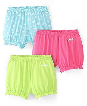 Pine Kids Cotton Lycra Heart Print Bloomers Pack Of 3 - Pink Blue & Green