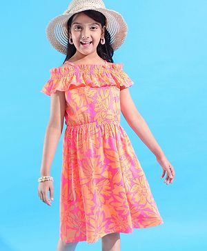 Pine Kids 100% Cotton Knit Sleevless Singlet Frock with Floral Print - Neon Pink