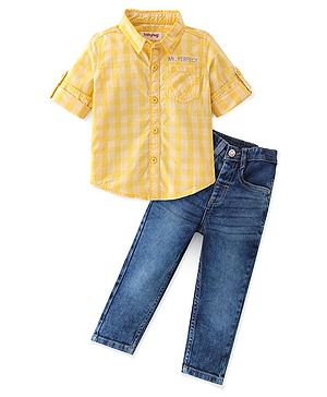 Babyhug Cotton Woven Full Sleeves Checkered  Shirt & Jeans - Yellow & Blue