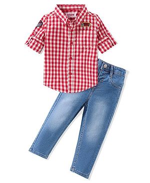 Babyhug Cotton Full Sleeves Checkered Shirt & Denim Jeans Set - Red & Blue