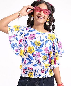 Pine Kids Half Sleeves Top With Floral Print - White