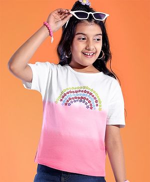 Pine Kids Cotton Knit Half Sleeves Dual Toned T-Shirt with Floral Print - Pink & White