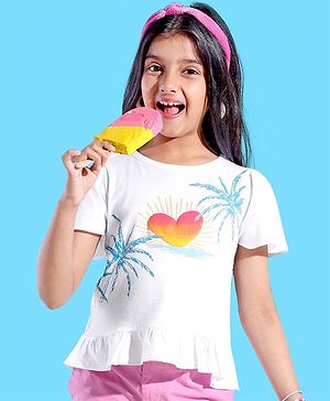 Pine Kids 100% Cotton Half Sleeves Palm Tree Print Top - White