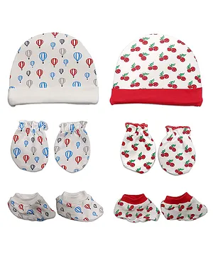 Luv Lap Caps Booties Mittens Set Cherry Parachute Print - Multicolour