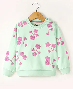 Yellow Apple Cotton Knit Full Sleeves Pullover with Floral Embroidered - Sea Green