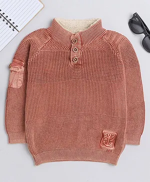 Yellow Apple Cotton Full Sleeves Sweater With Solid Colour - Brown
