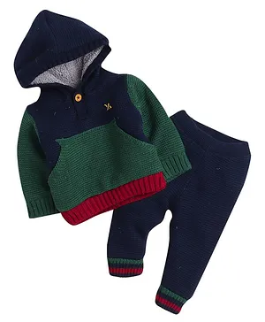Yellow Apple Hooded Full Sleeves Sweater Set With Solid Colour - Navy Blue & Green