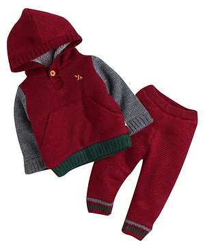 Yellow Apple Hooded Full Sleeves Sweater Set With Solid Colour - Maroon & Grey