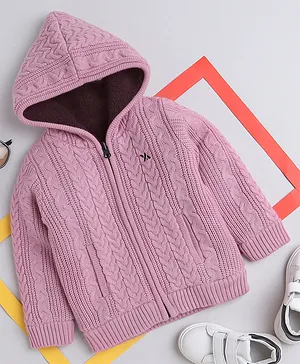 Yellow Apple Knit Full Sleeves Hoodie With Cable Knit Design - Pink