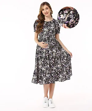 Bella Mama Viscose Woven Half Sleeve Maternity Dress with Pocket Floral Print - Black