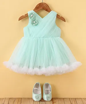 Bluebell Net DC Sleeveless Party
                              Frock With Booties & Floral Applique -
                              Green