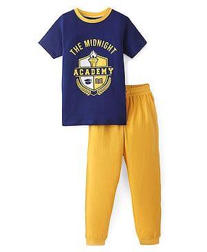 Pine Kids Single Jersey Half Sleeves Night Suit Academy Print - Blue Depth & Old Gold