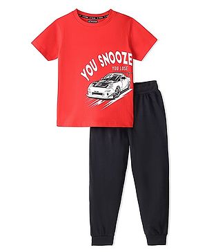 Pine Kids 100% Cotton Single Jersey Knit Half Sleeves Night Suit Car Print-High Risk Red & Jet Black