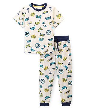 Pine Kids Cotton Knit Single Jersey Half Sleeves Game Controller Print Night Suit- White & Black