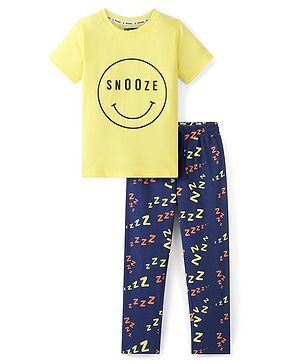 Pine Kids 100% Cotton Single Jersey Knit Half Sleeves Night Suit Emoji Print - Lemon Verbena & Estate Blue
