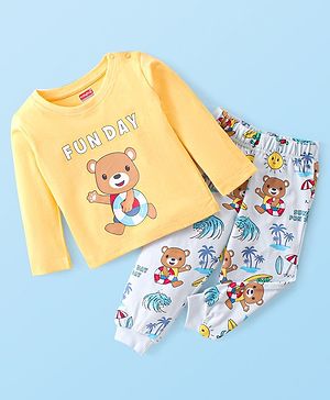 Babyhug Cotton Single Jersey Knit Full Sleeves Night Suit Bear Print - Yellow