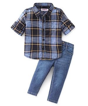 Babyhug 100% Cotton Knit Full Sleeves Shirt & Denim Jeans Checkered - Black & Blue
