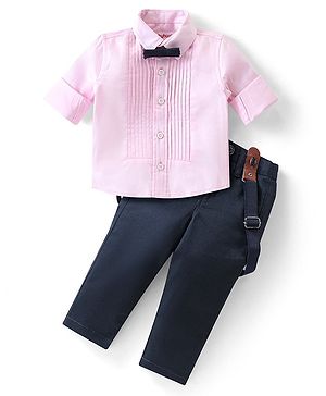 Babyhug 100% Cotton Woven Full Sleeves Party Wear Shirt & Trouser Set With Suspenders & Bow- Pink & Navy
