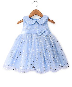 Babyhug Sleeveless Mesh Party Frock With Bow Applique - Light Blue