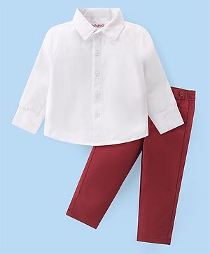 Babyhug Knit Full Sleeves Solid Color Party Shirt & Trousers with Bow & Suspender - White & Maroon