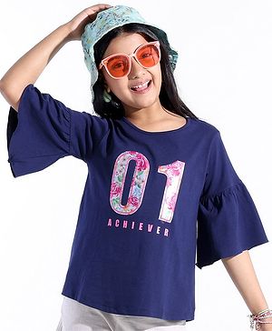 Pine Kids Cotton Knit Flutter Sleeves T-Shirt One Print - Blue Quartz