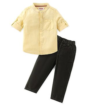 Babyhug 100% Cotton Woven Full Sleeves Solid Colour Shirt & Trouser Set - Yellow & Green