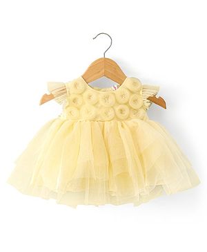 Babyhug Woven  Flutter Sleeves Mesh Party Frockyell with Floral Applique - Yellow