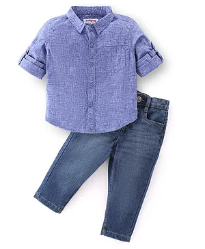 Babyhug Cotton Woven Full Sleeves Shirt & Jeans Solid Colour - Blue