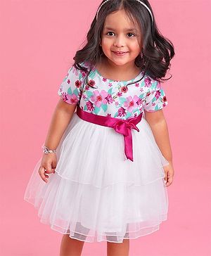 Babyhug Woven Half Sleeves Party Frock With Floral Print - Off White