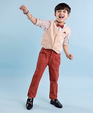 Babyhug 100% Cotton Woven Full Sleeves Stripes Shirts and Trouser Set with Bow - Maroon