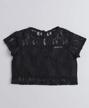 Taffykids Half Sleeves Floral Lace Embellished Crop Top - Black