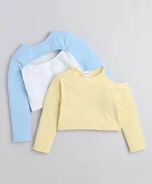 Taffykids Pack Of 2 Full Sleeves Colour Block And Cut Out Detail Solid Crop Tops -  Blue White Yellow
