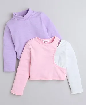 Taffykids Pack Of 2 Full Sleeves Solid High Neck & Colour Blocked Tops - Pink White & Purple