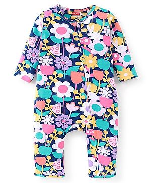 Babyhug 100% Cotton Knit Full Sleeves Romper Floral Print - Multicolor