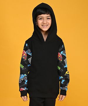 Anthrilo Full Sleeves Racer Theme Truck Printed Fleece Hoodie - Black