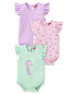 Babyhug 100% Cotton Half Sleeves Onesie With Sea Life Print Pack Of 3 - Purple Pink & Green