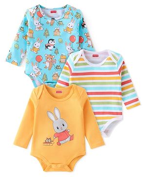 Babyhug 100% Cotton Knit Full Sleeves Onesies Bunny Print Pack of 3 - Multicolour