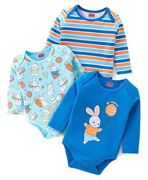 Babyhug 100% Cotton Knit Full Sleeves Onesies Pack Of 3 With Bunny Print - Blue & Orange