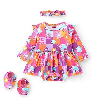 Babyhug 100% Cotton Interlock Knit Full Sleeves Onesies with Hair Band & Booties Floral Print - Pink