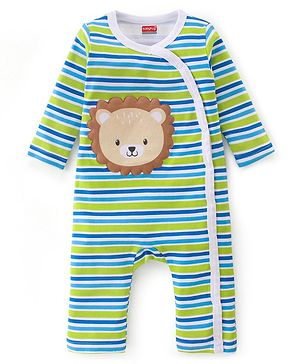 Babyhug 100% Cotton Full Sleeves Romper With Striped & Lion Patch - Green & Blue