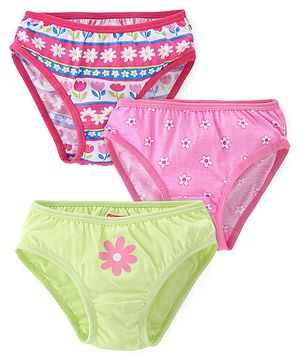 Babyhug 100% Cotton Knit Flower Print Panties Pack of 3- Pink & Green